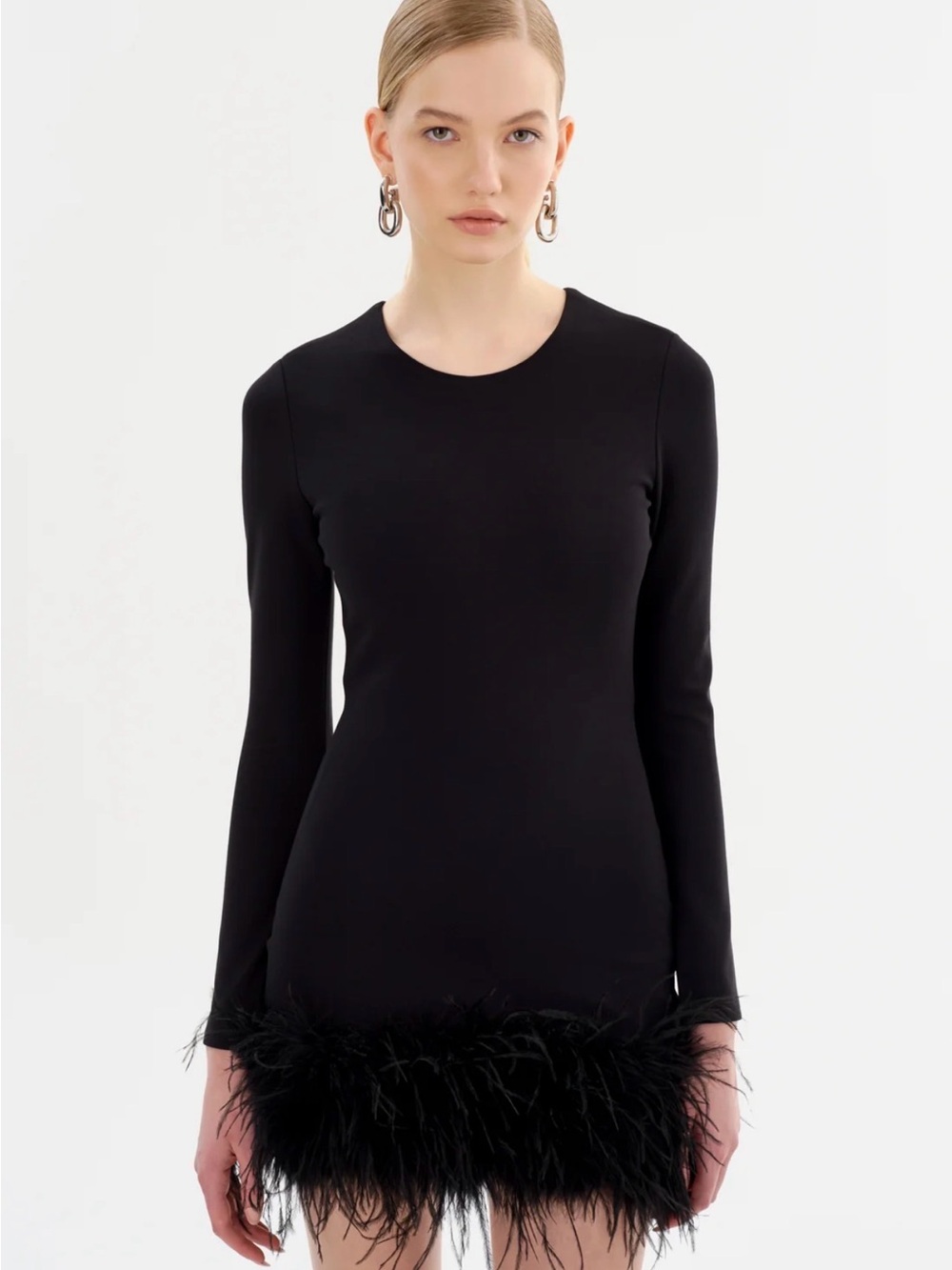 LAMARQUE Bahira Long Sleeve Feather Hem Mini Dress Small – Black